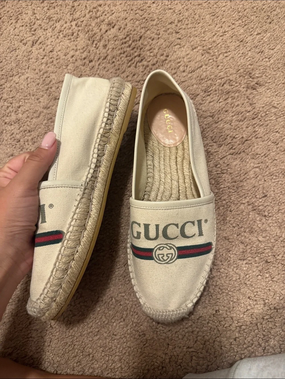Gucci Natural Canvas Slip-On Espadrilles with Red and Green Web